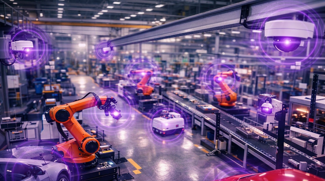 Factory floor with robotic arms, cameras and sensors, each surrounded by ioAire wireless coverage rings