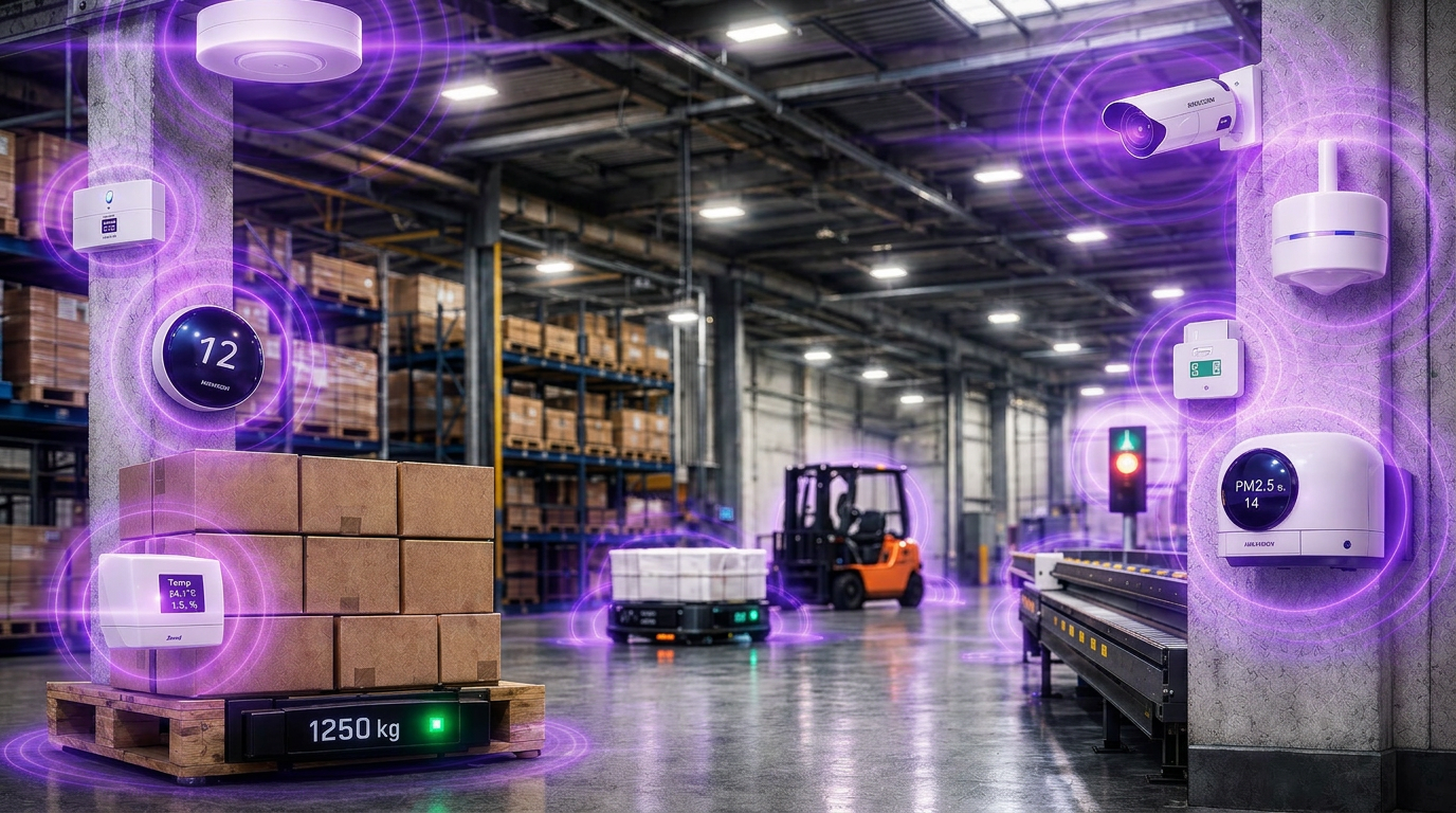 Warehouse with battery-powered temperature, air quality and weight sensors connected over ioAire