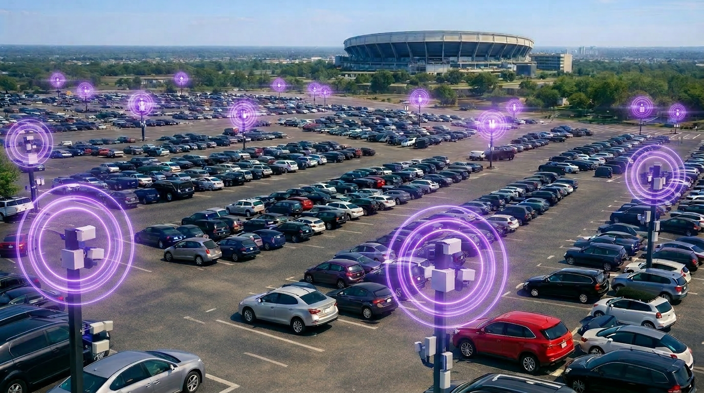 Aerial view of a large stadium parking lot covered by a small number of ioAire access points